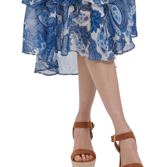 Tommy Hilfiger Chiffon Blue/White Paisley Flutter Sleeve Ruffle Hem Midi Dress 4 - Picture 5 of 5